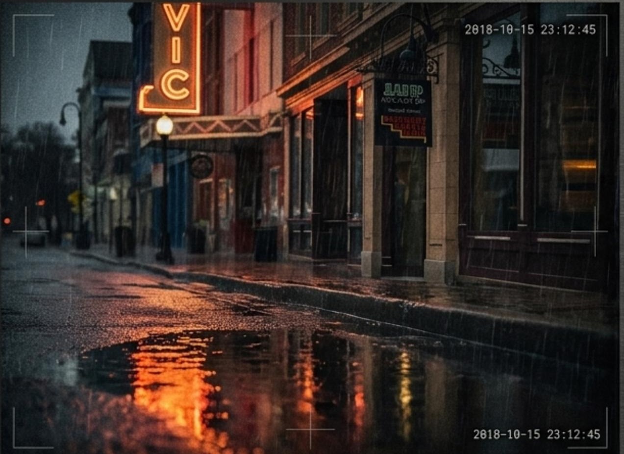 Rain-slick Detroit street at night